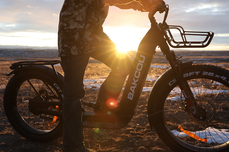Rider on a Bakcou Grizzly electric scooter navigating marshy terrain at sunset, showcasing off-road capability and adventure-ready design