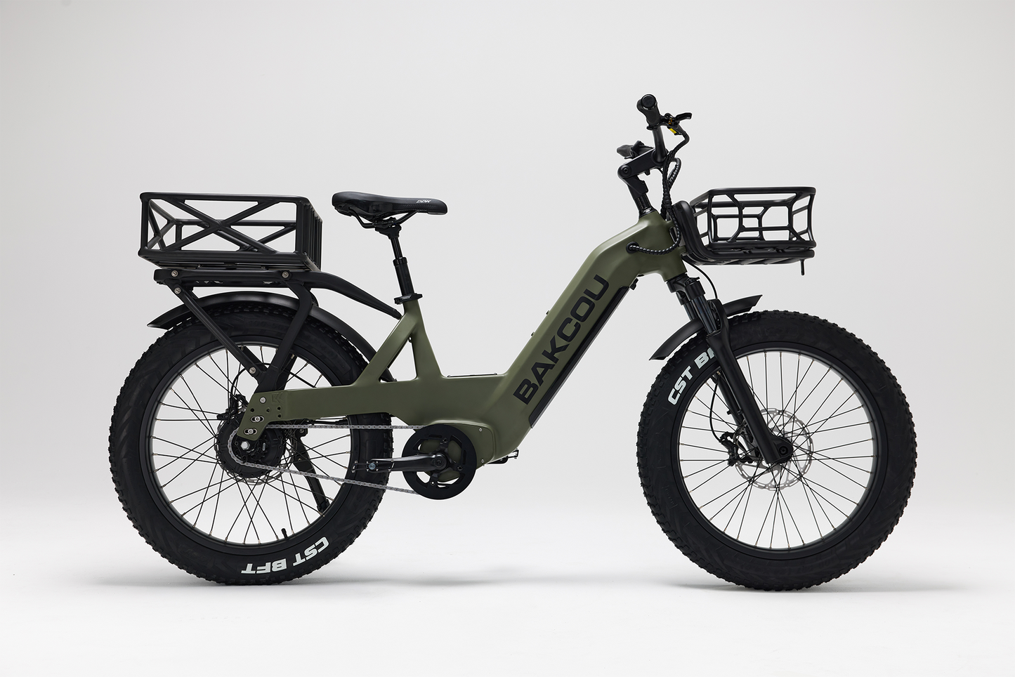 Bakcou Flatlander SD E-Bike – Side View, Passenger Side, Matte Army Green with Front and Rear Baskets