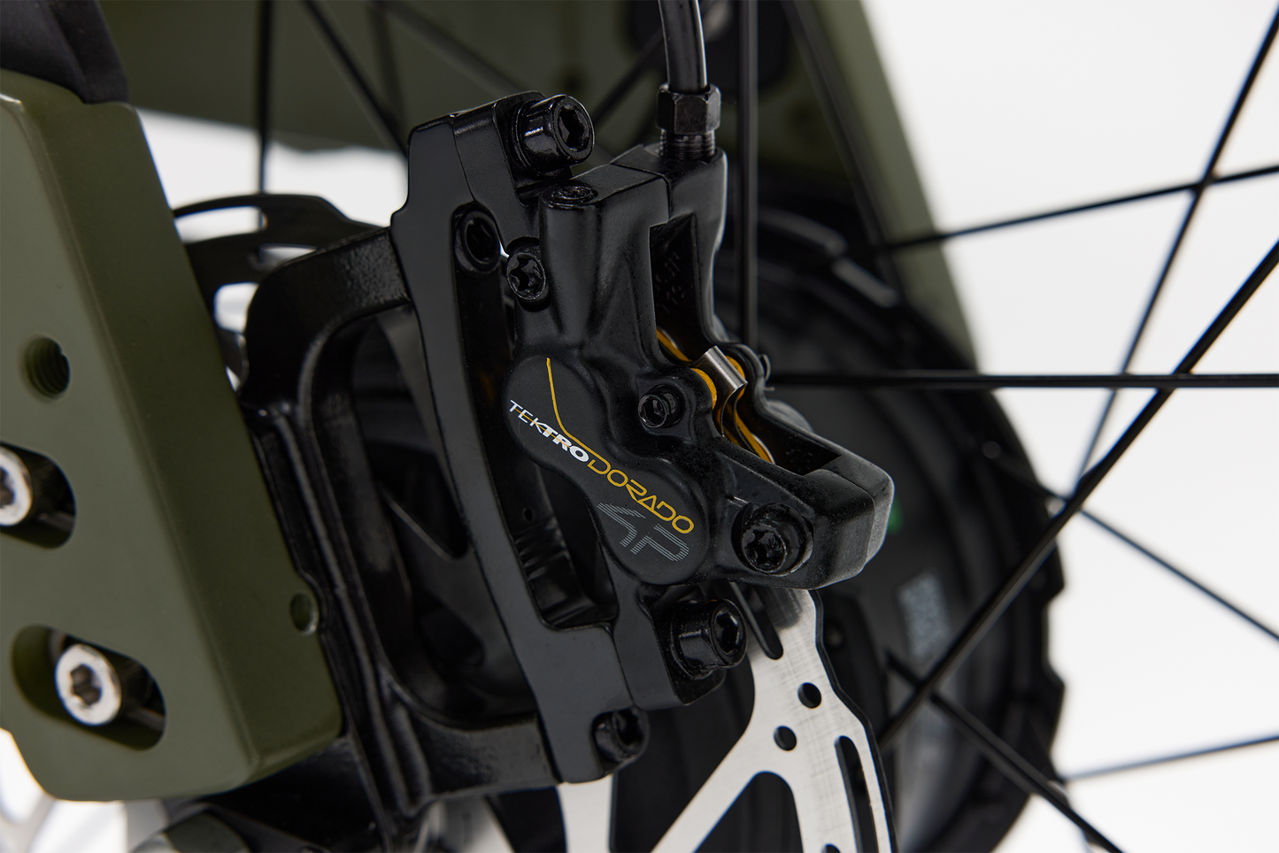 Bakcou Flatlander SD E-Bike – Angled Close-Up of Front Brake System, Matte Army Green