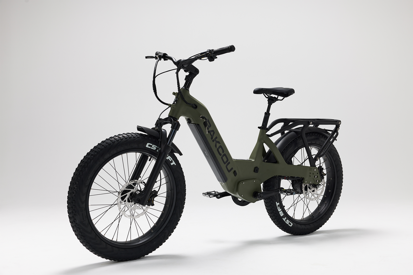 Bakcou Flatlander SD E-Bike – Angled Front View, Driver Side, Matte Army Green