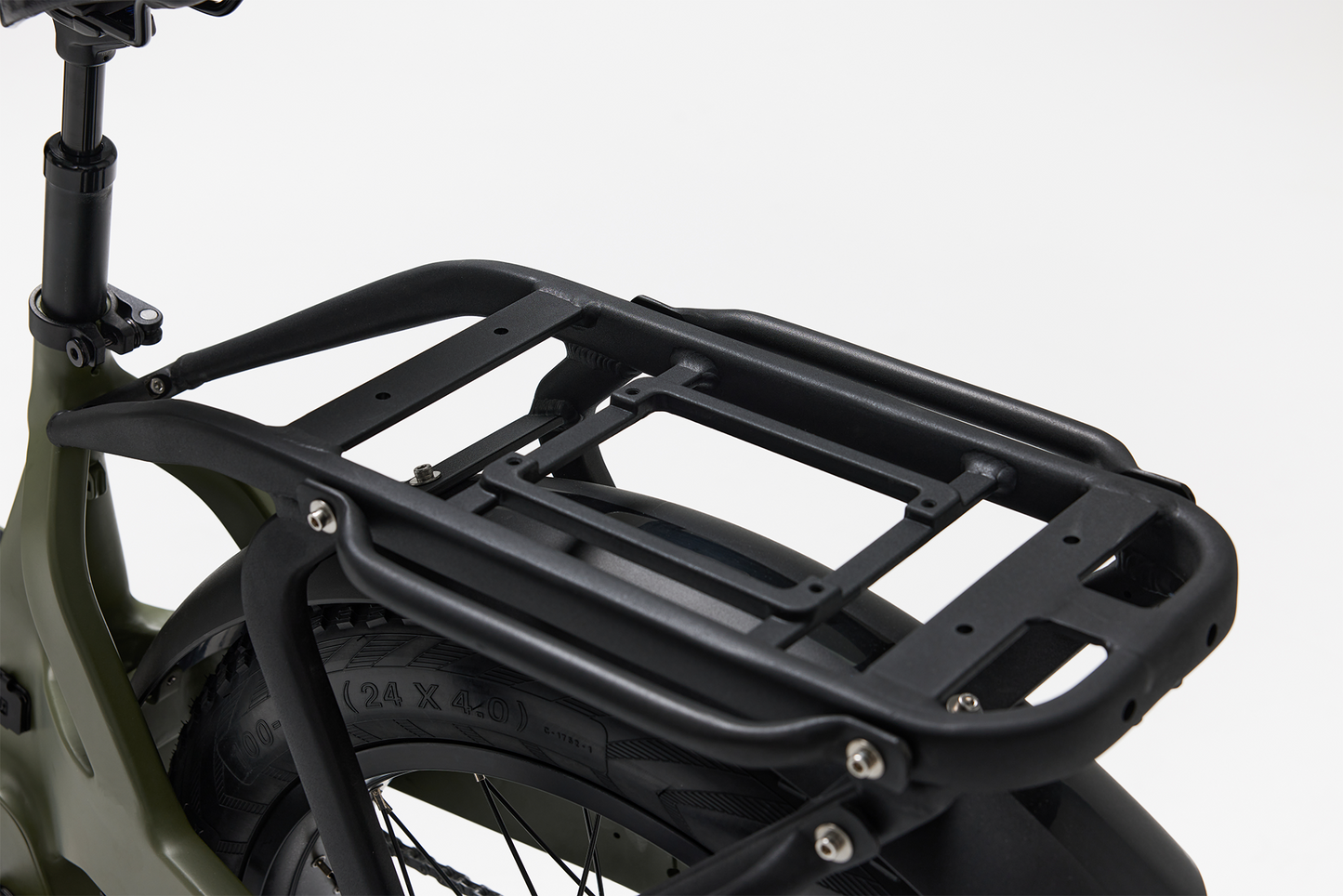 Bakcou Flatlander SD E-Bike – Rear Angled View Showing Rear Plate, Driver Side, Matte Army Green