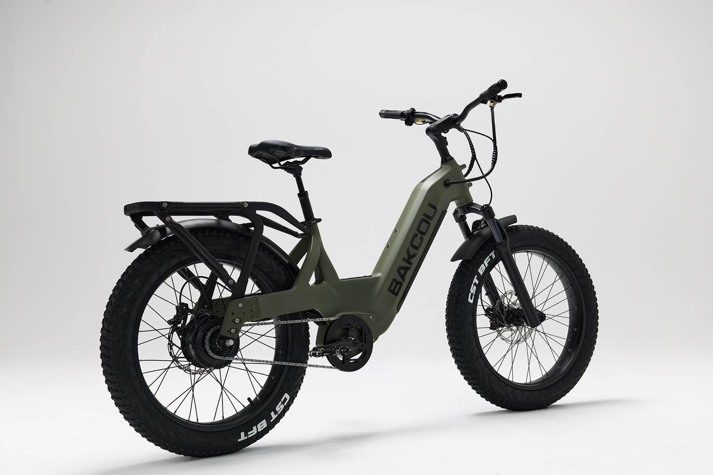 Bakcou Flatlander SD E-Bike – Angled Rear View, Passenger Side, Matte Army Green