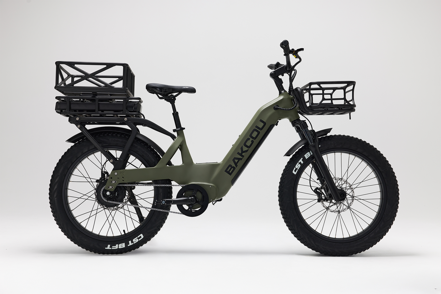 Bakcou Flatlander SD E-Bike – Side View, Passenger Side, Matte Army Green with Front & Rear Baskets and Battery