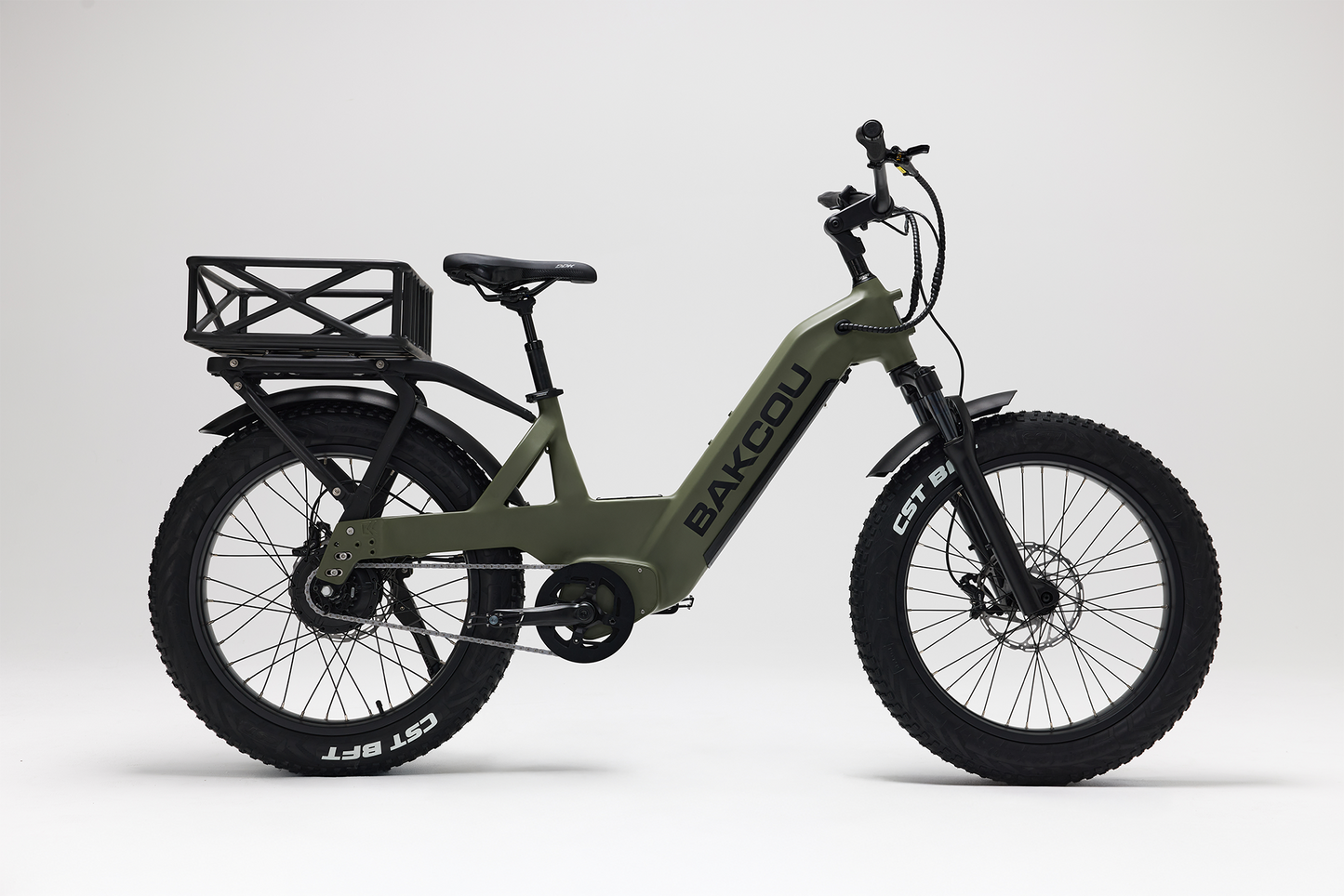 Bakcou Flatlander SD E-Bike – Side View, Passenger Side, Matte Army Green with Rear Basket