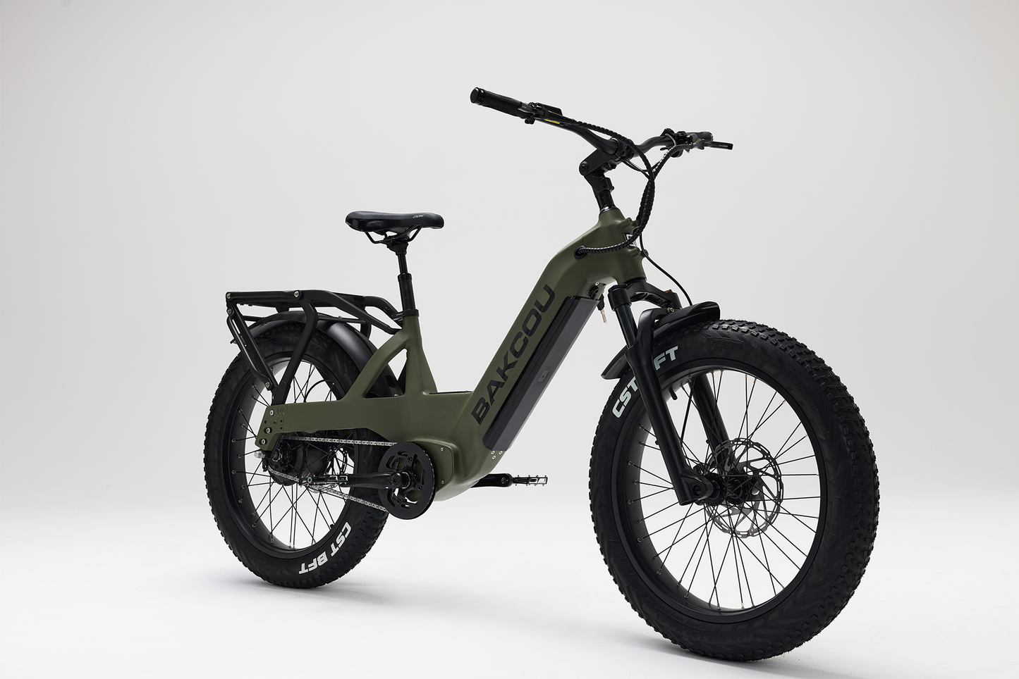 Bakcou Flatlander SD E-Bike – Angled Front View, Passenger Side, Matte Army Green