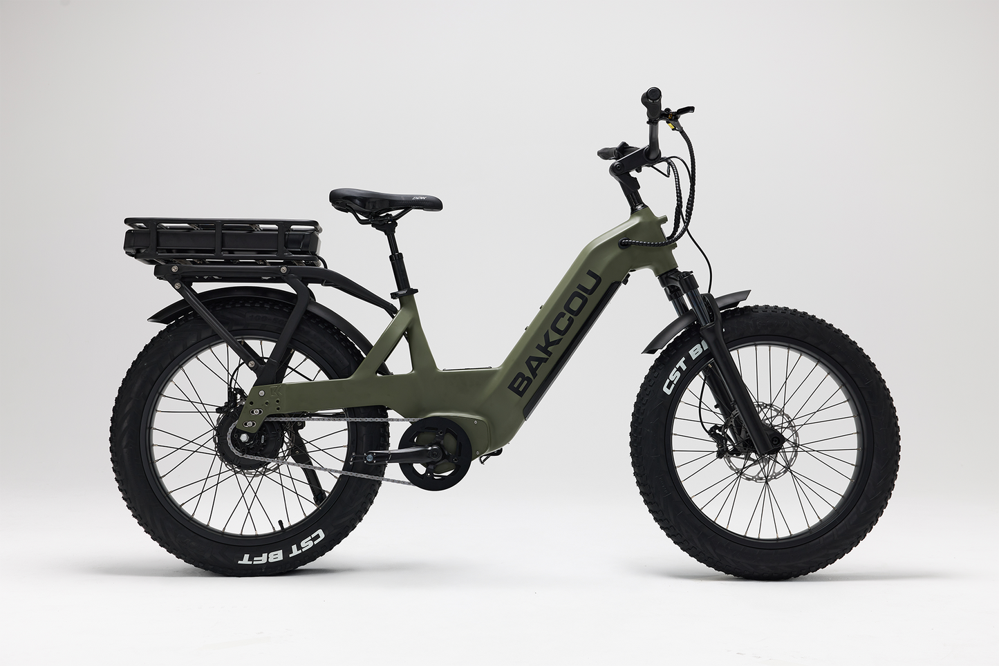 Bakcou Flatlander SD E-Bike – Side View Showing Battery, Passenger Side, Matte Army Green