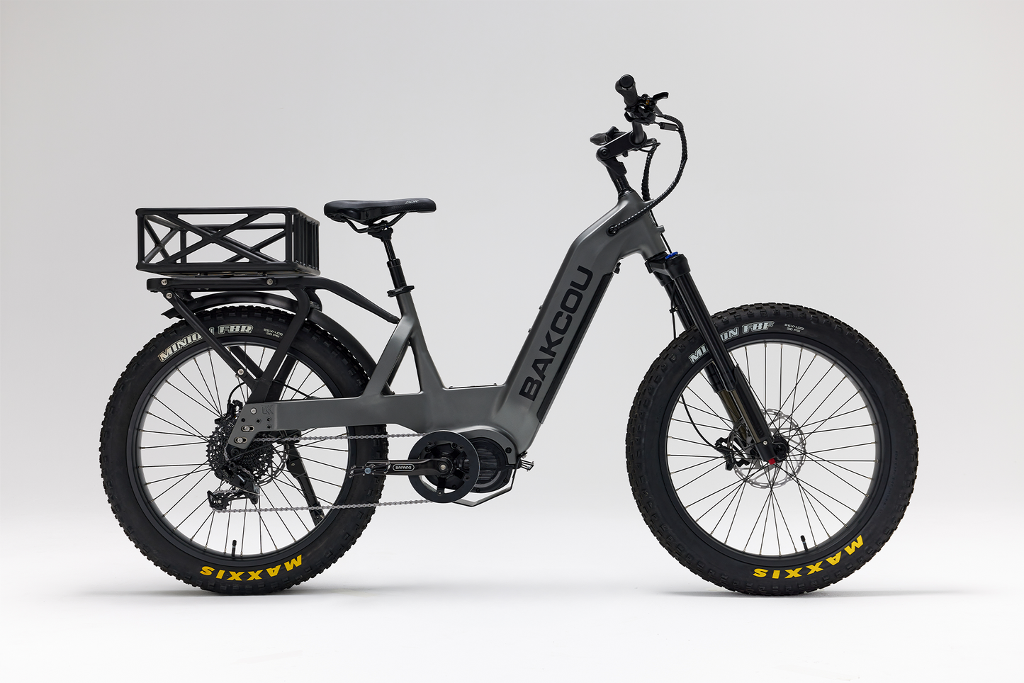 Bakcou Mule SD E-Bike – Side View, Passenger Side, Matte Gun Metal Gray Frame with Rear Basket
