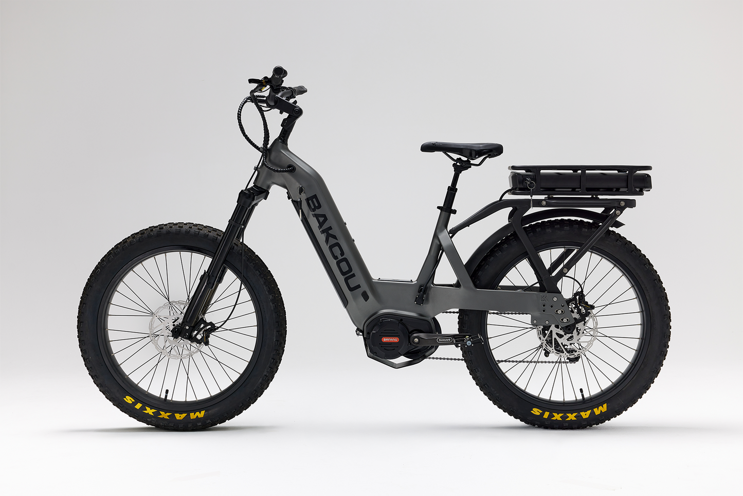 Bakcou Mule SD E-Bike – Side View, Driver Side, Matte Gun Metal Gray Frame with Battery