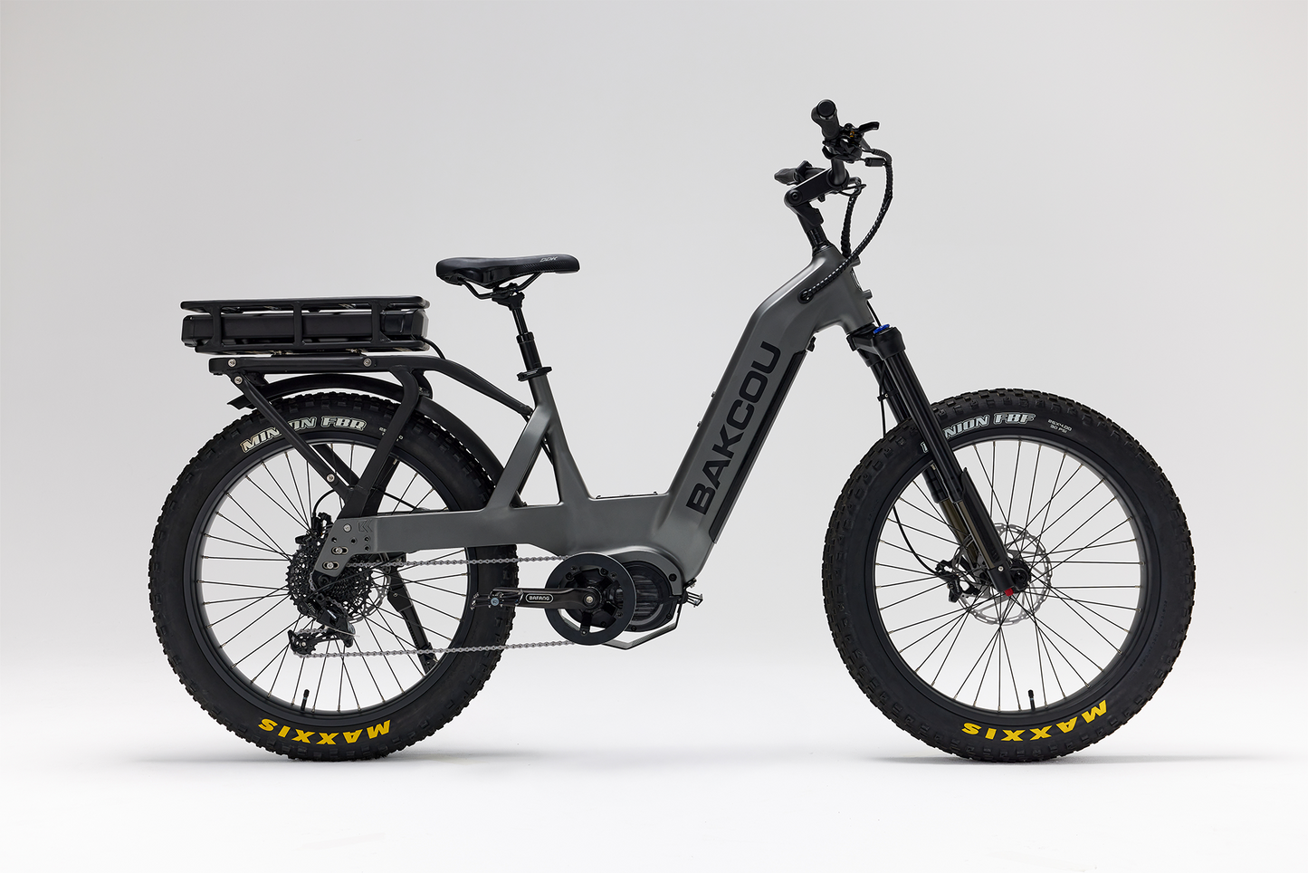 Bakcou Mule SD E-Bike – Side View, Passenger Side, Matte Gun Metal Gray Frame with Battery