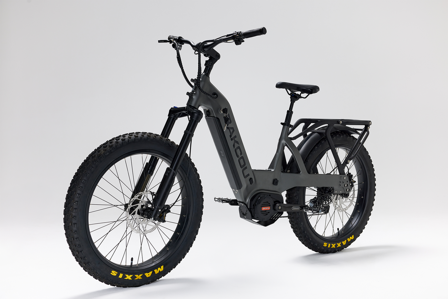 Bakcou Mule SD E-Bike – Angled Front View, Driver Side, Matte Gun Metal Gray Frame