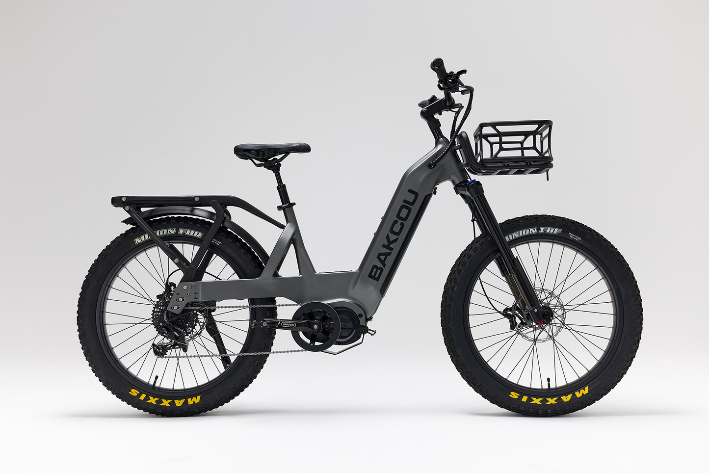 Bakcou Mule SD E-Bike – Side View, Passenger Side, Matte Gun Metal Gray Frame with Front Basket