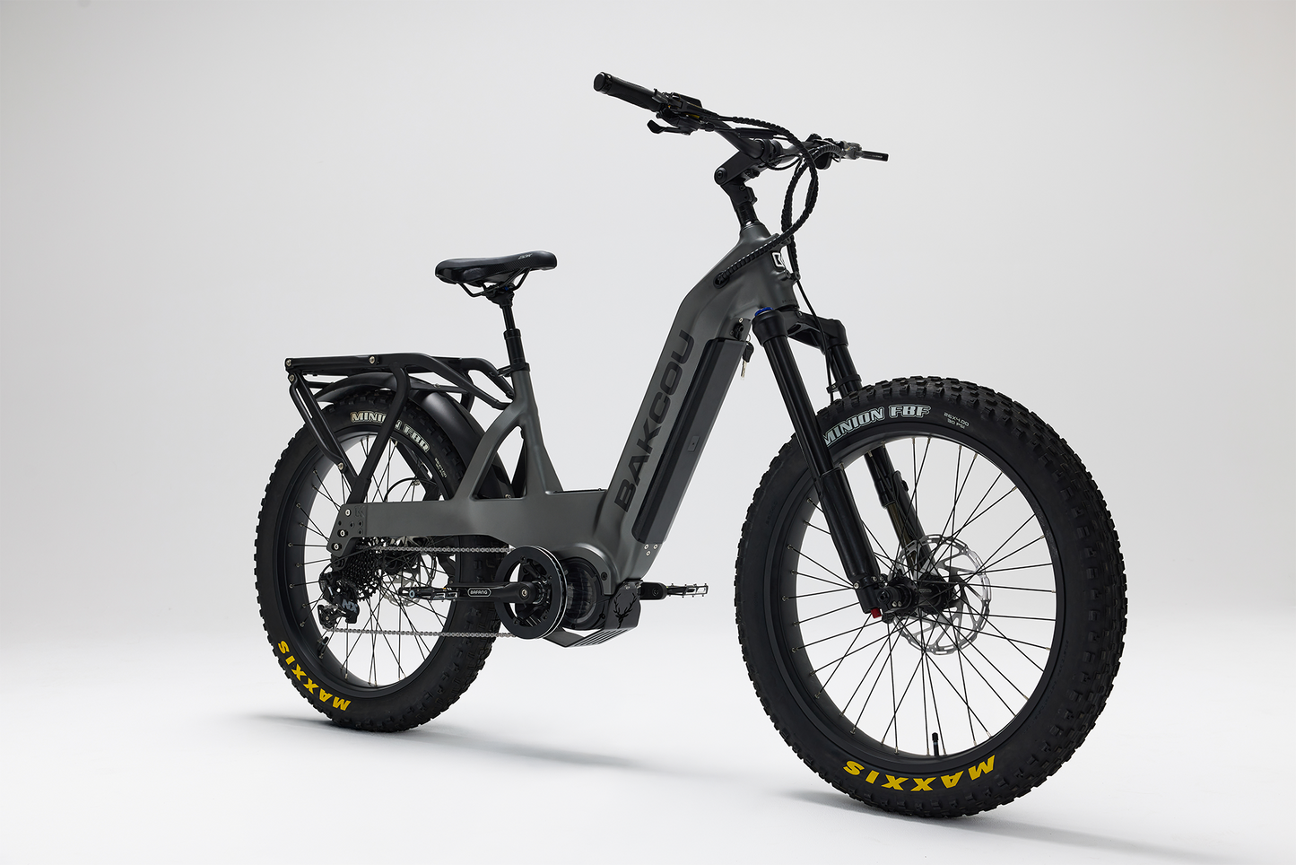 Bakcou Mule SD E-Bike – Angled Front View, Passenger Side, Matte Gun Metal Gray Frame
