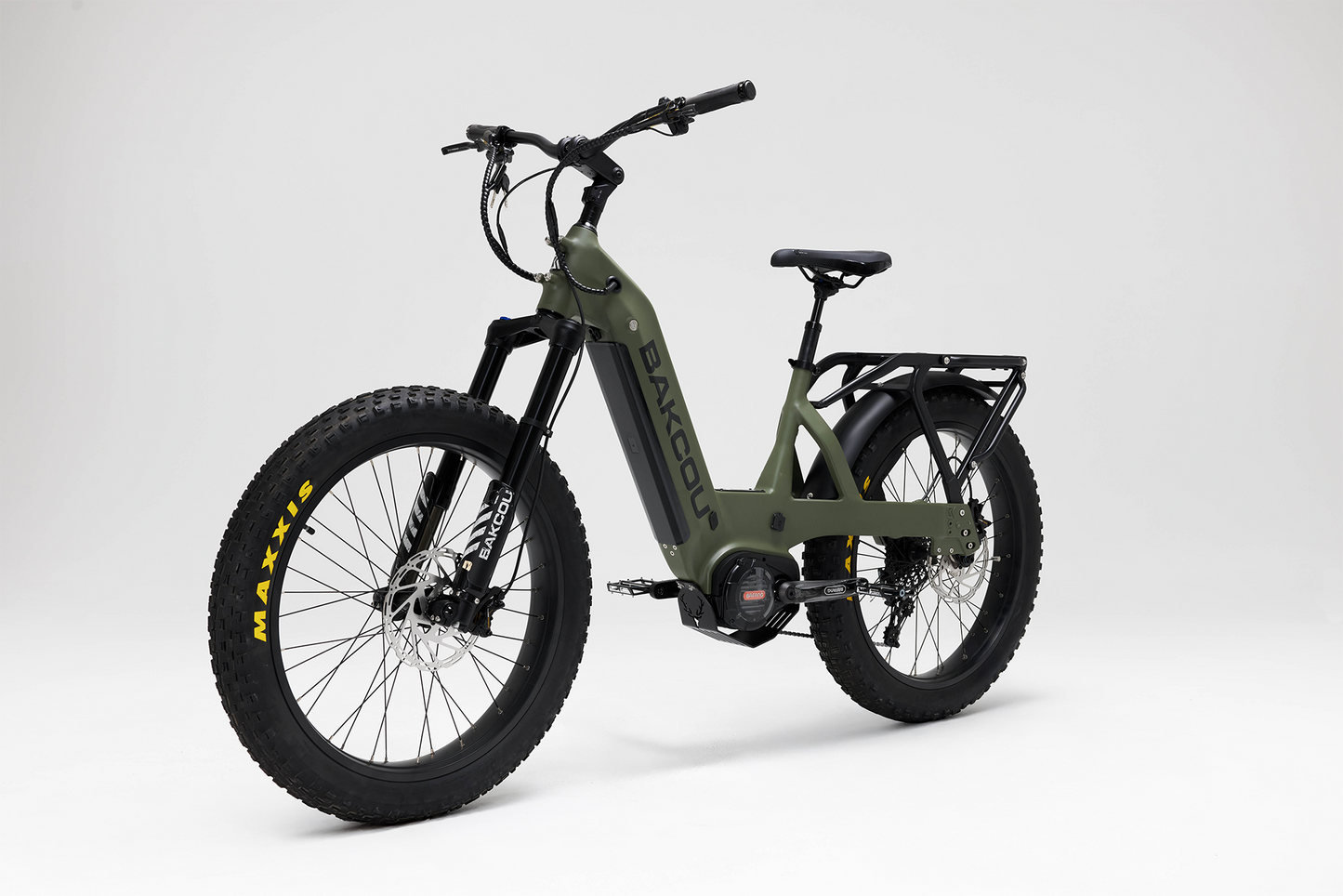 Bakcou Mule SD E-Bike – Angled View, Driver Side, Matte Army Green Frame