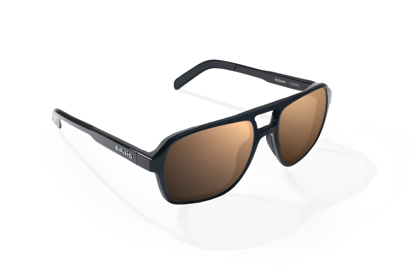 Bajio 12 South Sunglasses - Angled View, Black Gloss Frame with Copper Lens