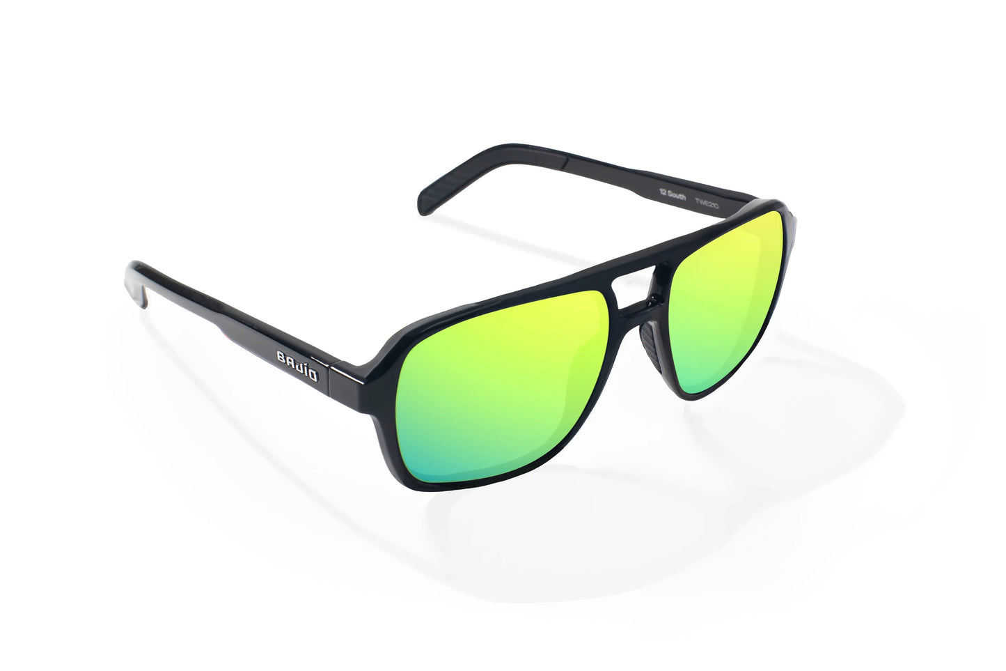 Bajio 12 South Sunglasses - Angled View, Black Gloss Frame with Green Mirror Lens
