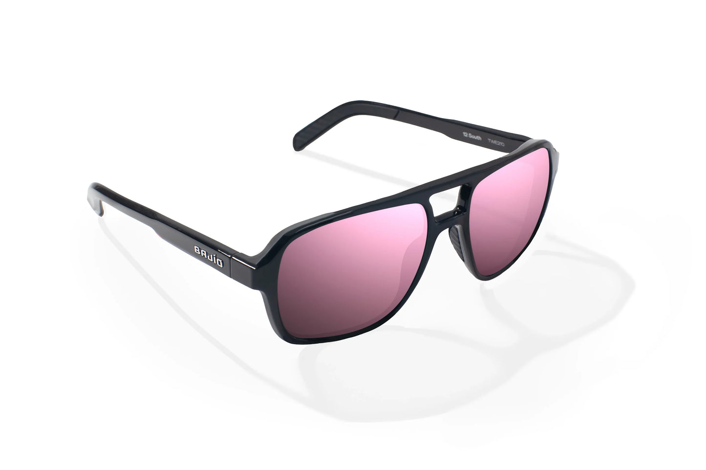 Bajio 12 South Sunglasses - Angled View, Black Gloss Frame with Rose Mirror Lens