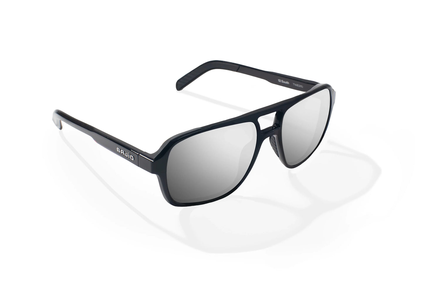 Bajio 12 South Sunglasses - Angled View, Black Gloss Frame with Silver Mirror Lens