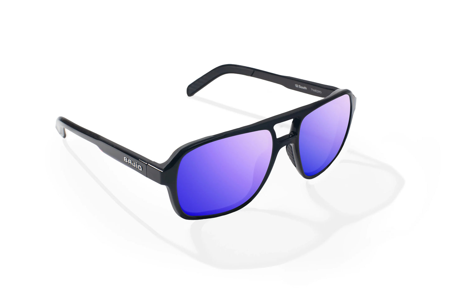 Bajio 12 South Sunglasses - Angled View, Black Gloss Frame with Violet Mirror Lens