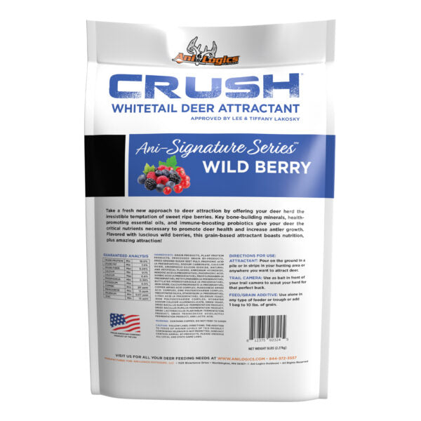 Close-up of Ani-Logics Crush Granular Attractant – Wildberry Flavor, Textured Granules with Nutrient-Rich Ingredients for Whitetail Deer