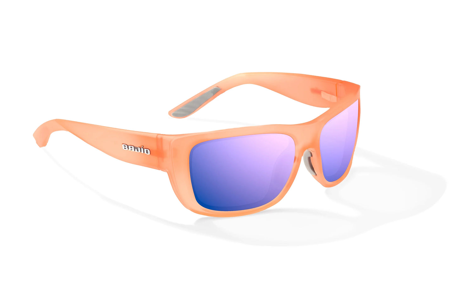 Bajío Annette Sunglasses - Angled View, Peach Glass Matte Frame with Violet Mirror Lens