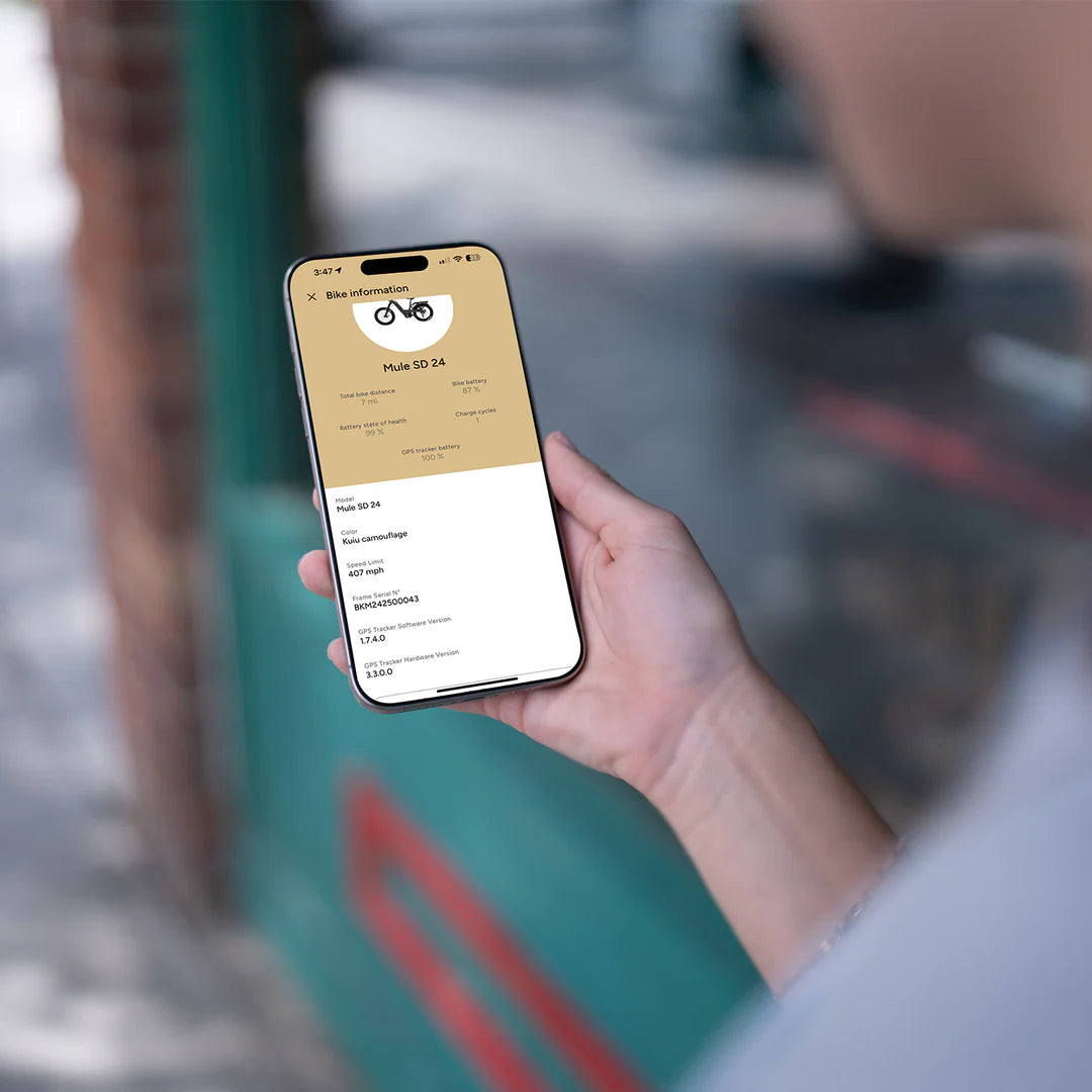 Bakcou Connect app dashboard screenshot displaying real-time bike diagnostics and battery status