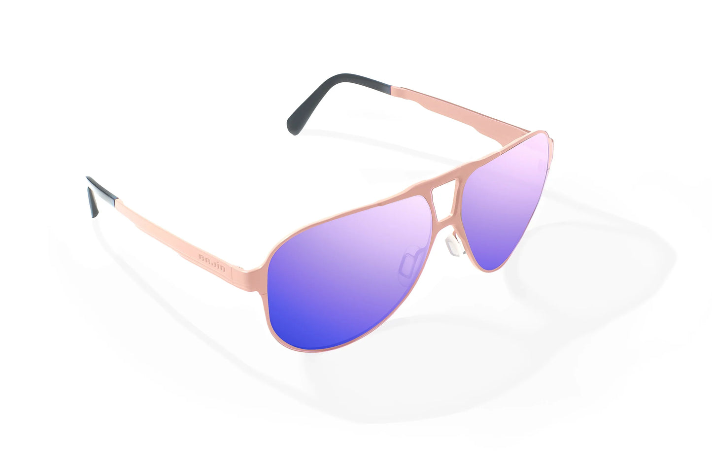 Bajio Clink Sunglasses - Angled View, Taupe Matte Frame with Violet Mirror Lens