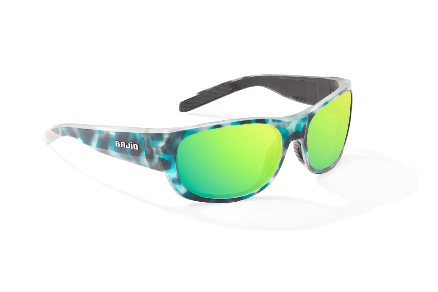 Bajio Darien Sunglasses - Angled View, Light Blue Water Matte Frame with Green Mirror Lens