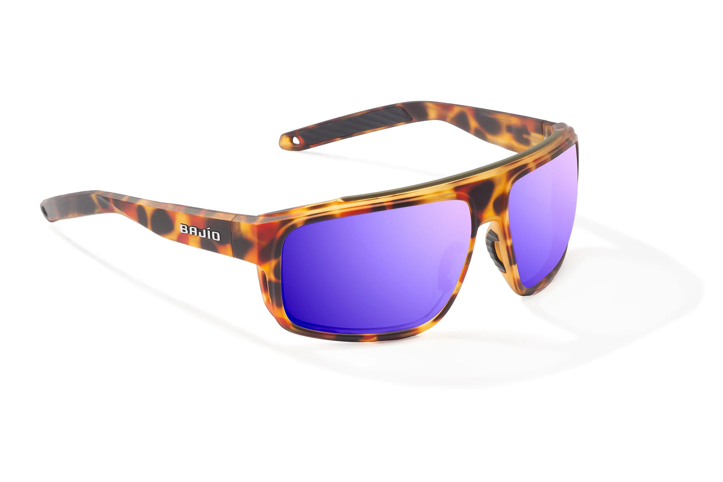 Bajío Greenland Sunglasses - Angled View, Green Water Matte Frame with Violet Mirror Lens