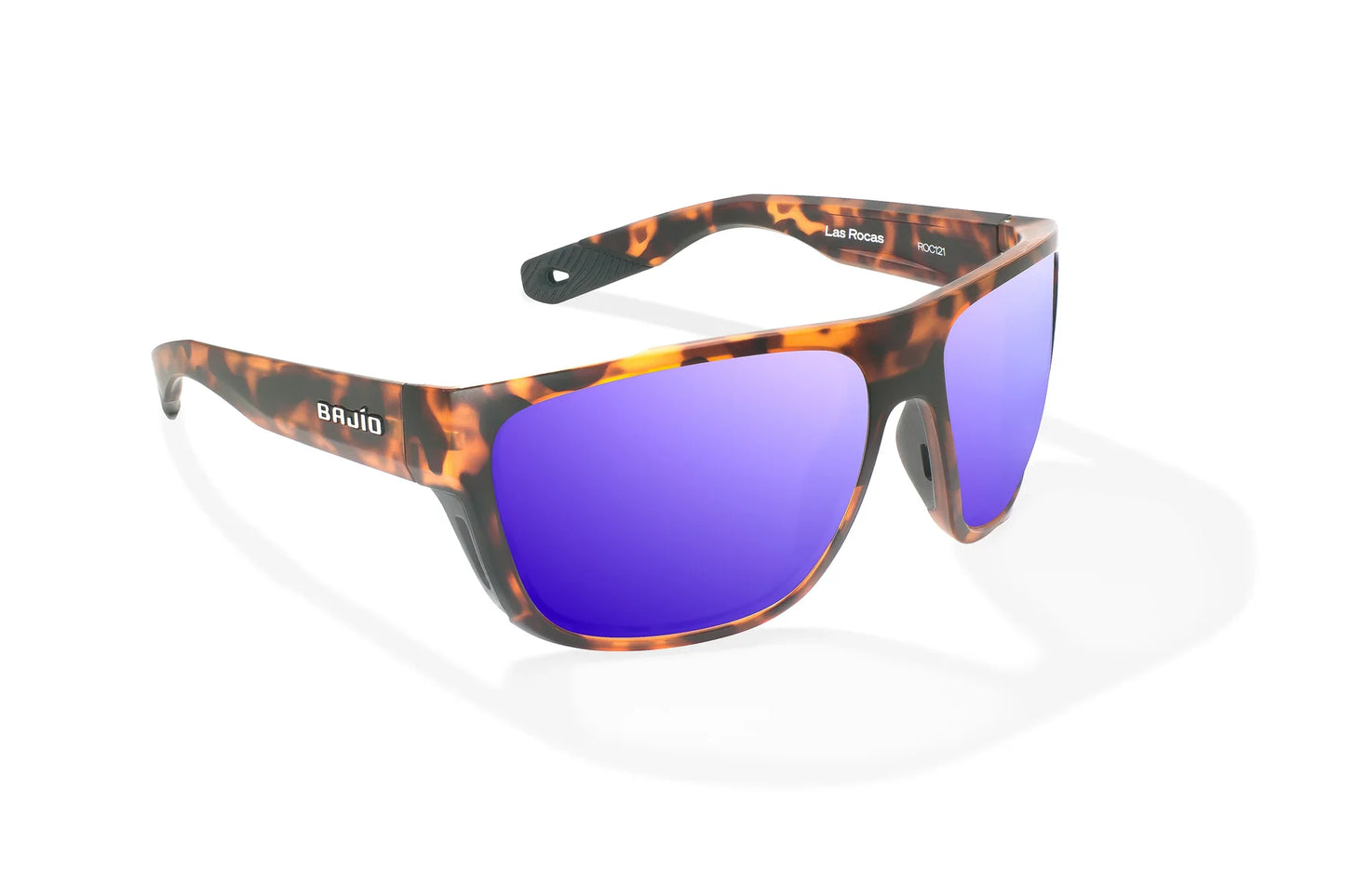 Bajio Las Rocas Sunglasses - Angled View, Brown Tortoise Matte Frame with Violet Mirror Lens