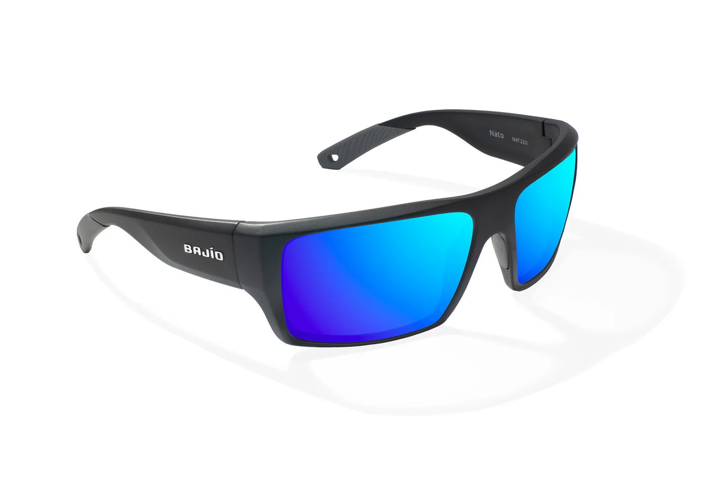 Bajio Nato Sunglasses - Angled View, Black Matte Frame with Blue Mirror Lens