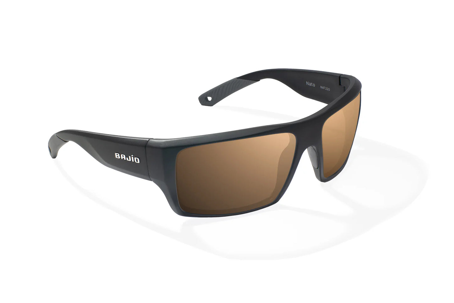 Bajio Nato Sunglasses - Angled View, Black Matte Frame with Copper Lens