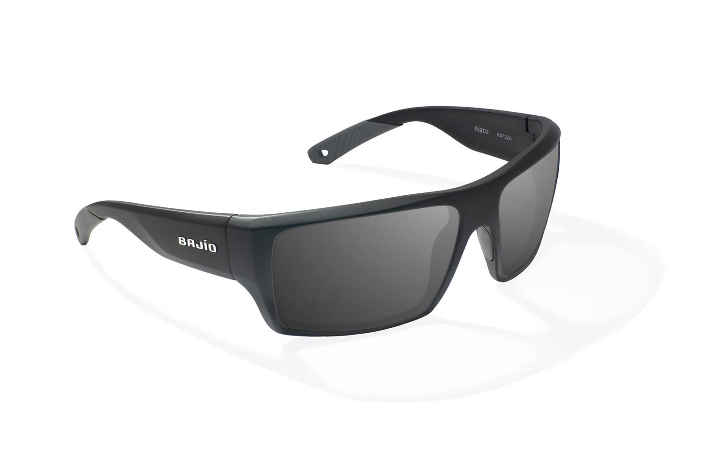 Bajio Nato Sunglasses - Angled View, Black Matte Frame with Gray Lens