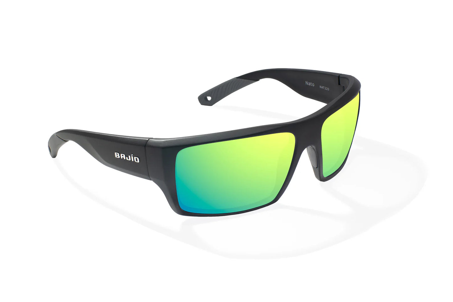 Bajio Nato Sunglasses - Angled View, Black Matte Frame with Green Mirror Lens