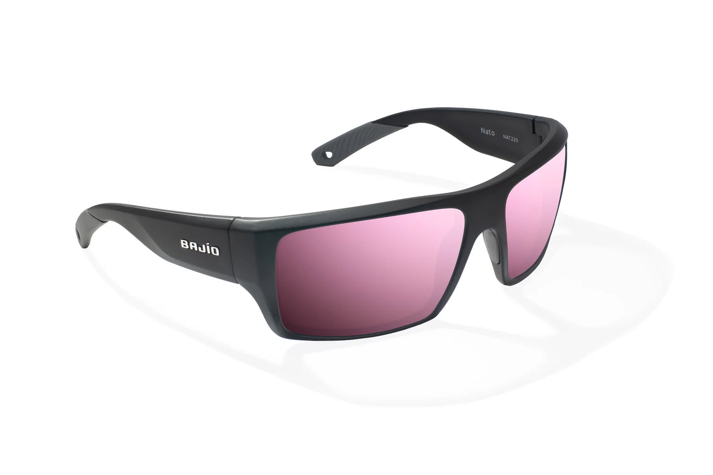 Bajio Nato Sunglasses - Angled View, Black Matte Frame with Rose Mirror Lens