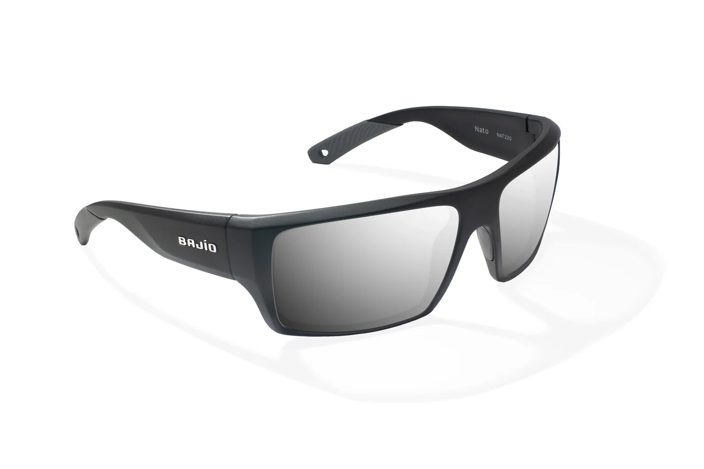 Bajio Nato Sunglasses - Angled View, Black Matte Frame with Silver Mirror Lens