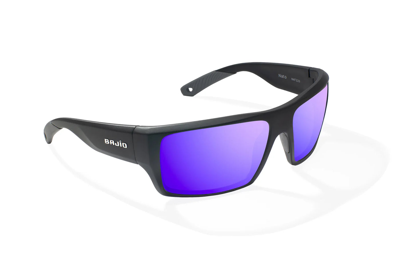Bajio Nato Sunglasses - Angled View, Black Matte Frame with Violet Mirror Lens