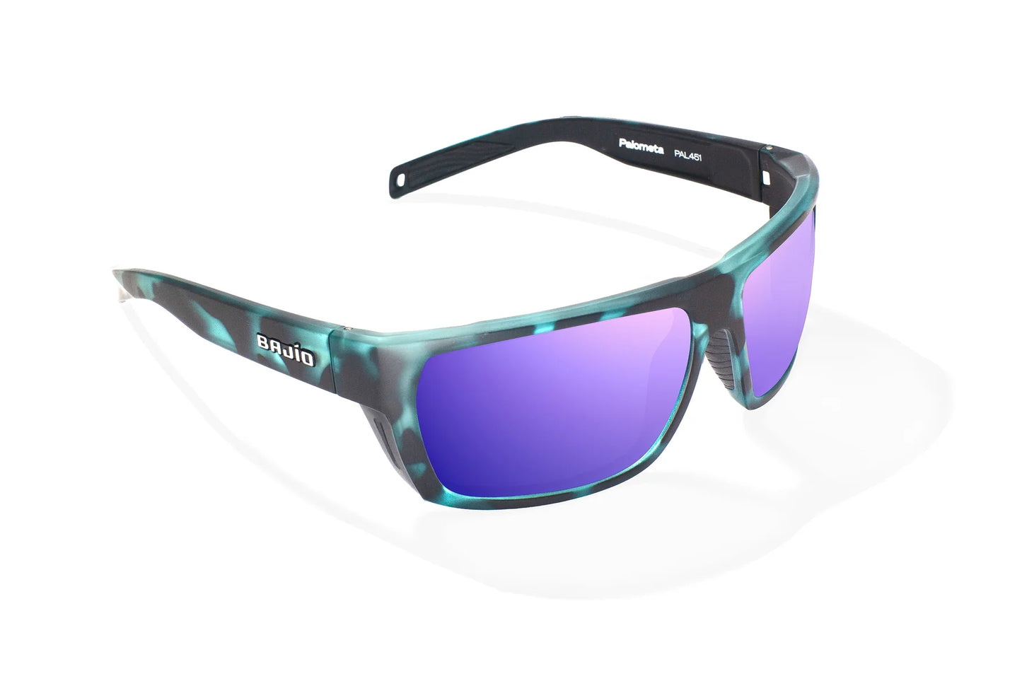 Bajio Palometa Sunglasses - Angled View, Blue Water Matte Frame with Violet Mirror Lens