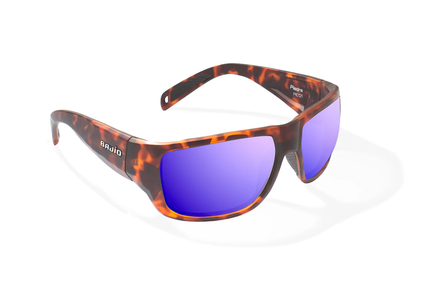 Bajio Piedra Sunglasses - Angled View, Brown Tortoise Matte Frame with Violet Mirror Lens