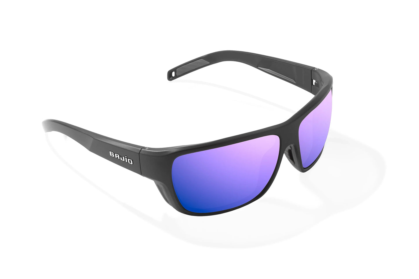 Bajio Rigolets Sunglasses - Angled View, Black Matte Frame with Violet Mirror Lens
