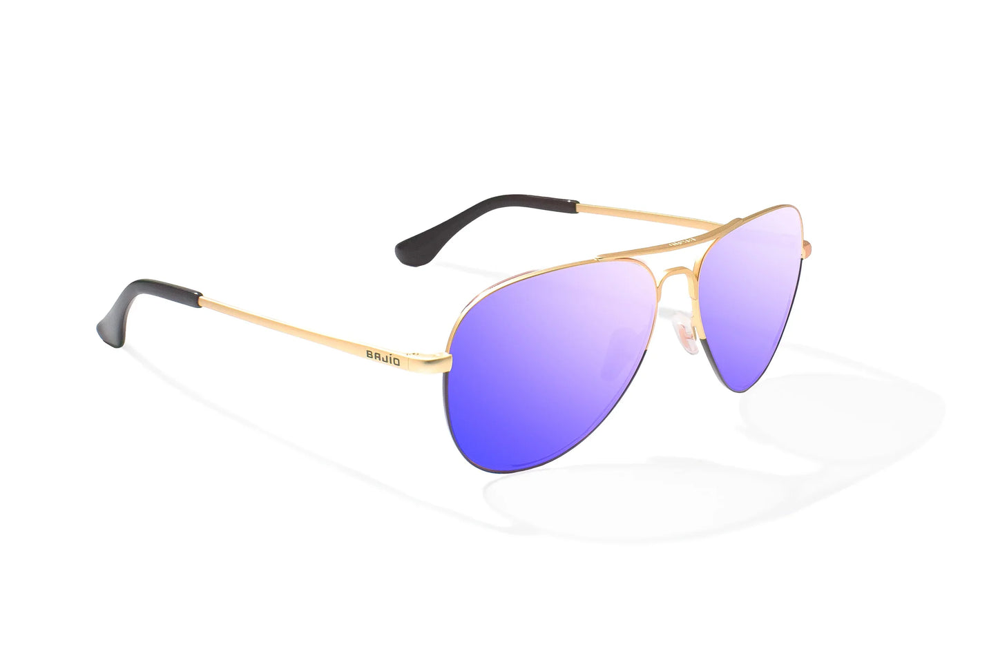 Bajio Soldado Sunglasses - Angled View, Gold/Black Fade Matte Frame with Violet Mirror Lens