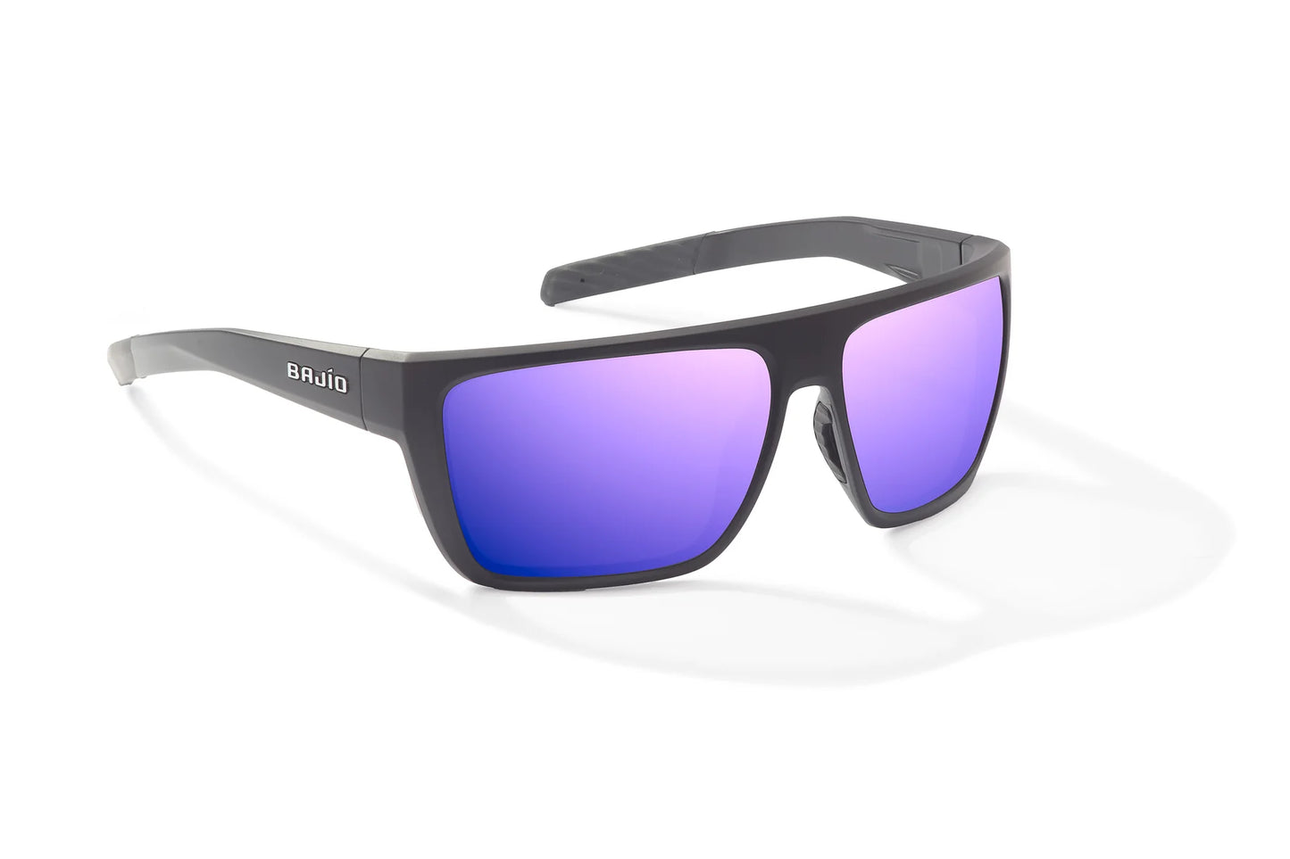 Bajio Zapata Sunglasses - Angled View, Black Matte Frame with Violet Mirror Lens
