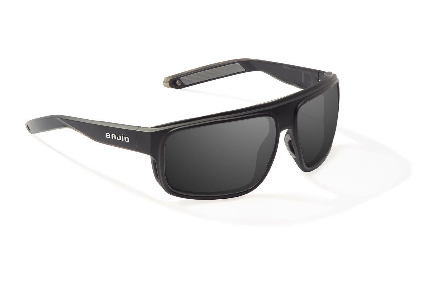 Bajío Greenland Sunglasses - Angled View, Black Matte Frame with Gray Lens