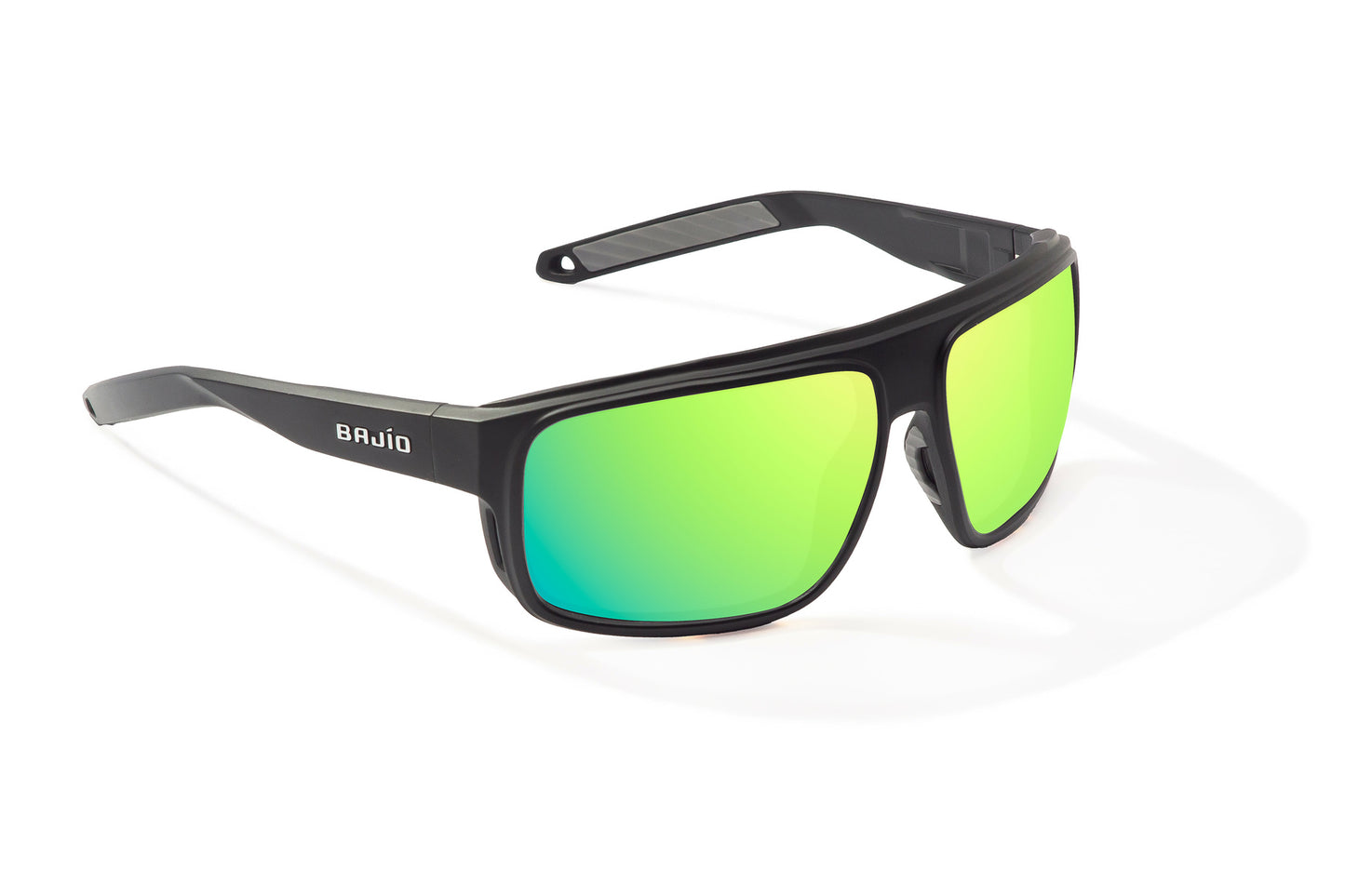 Bajío Greenland Sunglasses - Angled View, Black Matte Frame with Green Mirror Lens