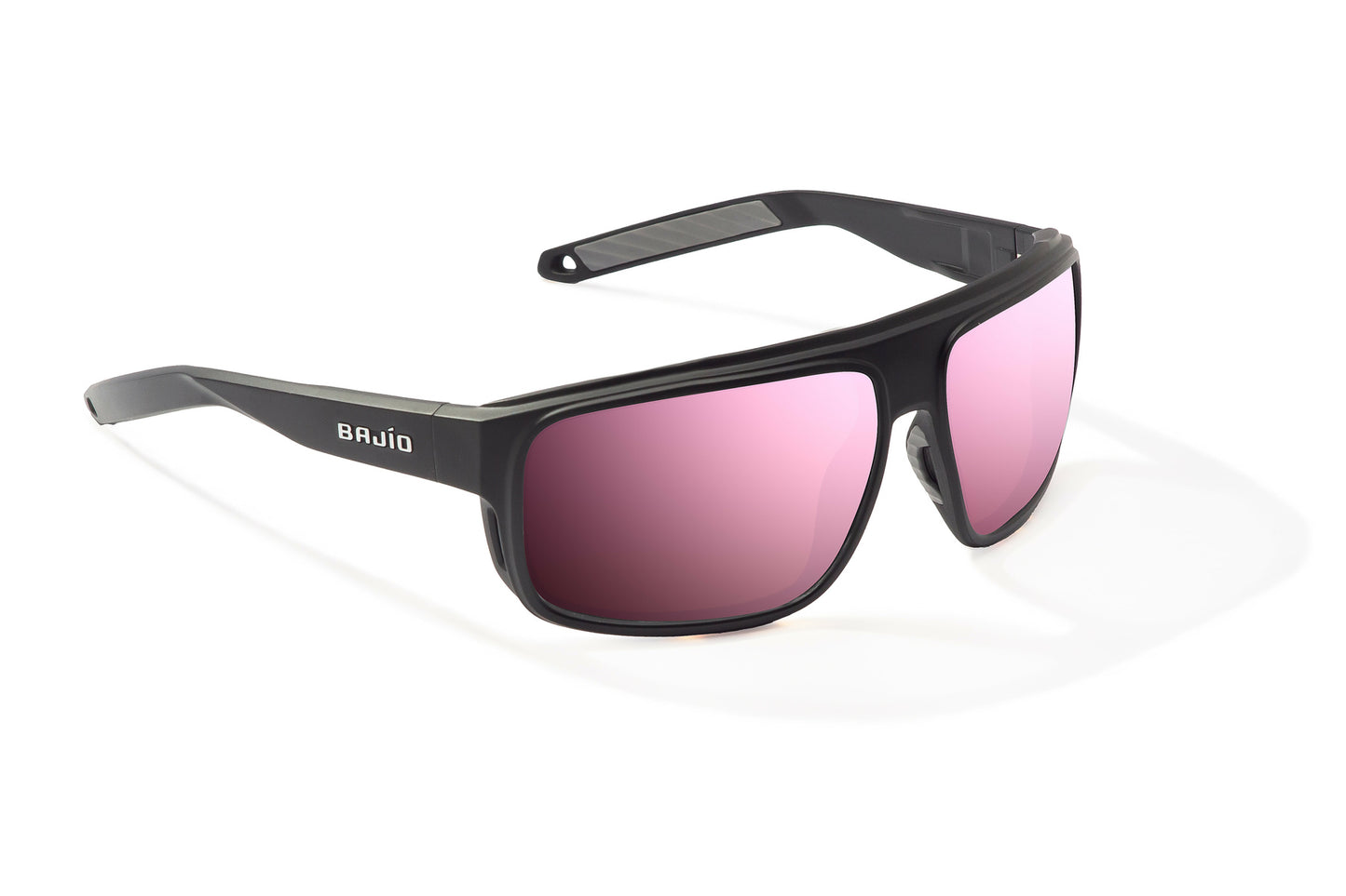 Bajío Greenland Sunglasses - Angled View, Black Matte Frame with Rose Mirror Lens