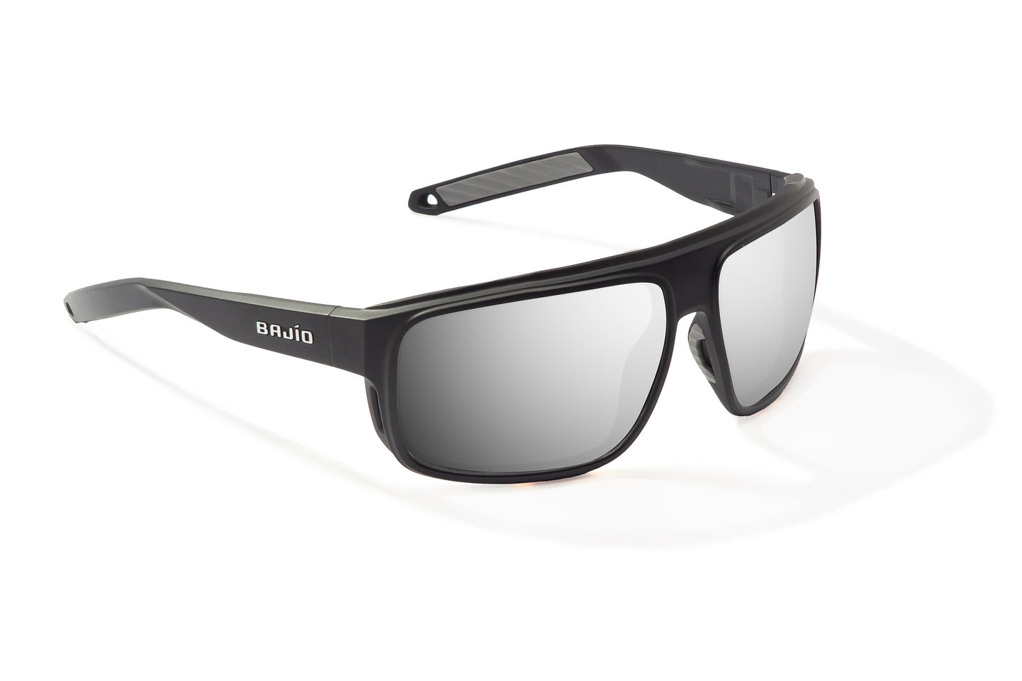 Bajío Greenland Sunglasses - Angled View, Black Matte Frame with Silver Mirror Lens