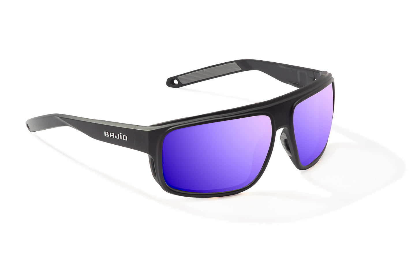 Bajío Greenland Sunglasses - Angled View, Black Matte Frame with Violet Mirror Lens