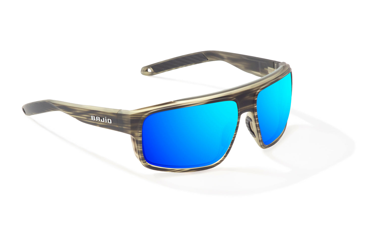 Bajío Greenland Sunglasses - Angled View, Gray Grass Matte Frame with Blue Mirror Lens