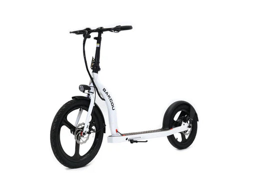 Bakcou Badger Electric Scooter - Left Angle View, Gloss White Frame with 350W Motor and Foldable Handlebars