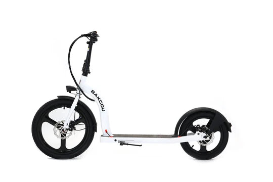 Bakcou Badger Electric Scooter - Left Side View, Gloss White Frame with Front and Rear Disc Brakes