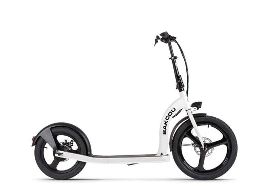 Bakcou Badger Electric Scooter - Right Side View, Gloss White Frame with 20-inch Front Tire and 16-inch Rear Tire